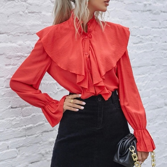 ⏰ SHEIN - Frill Mock Neck Button Front Blouse - M (6) - Picture 2 of 5